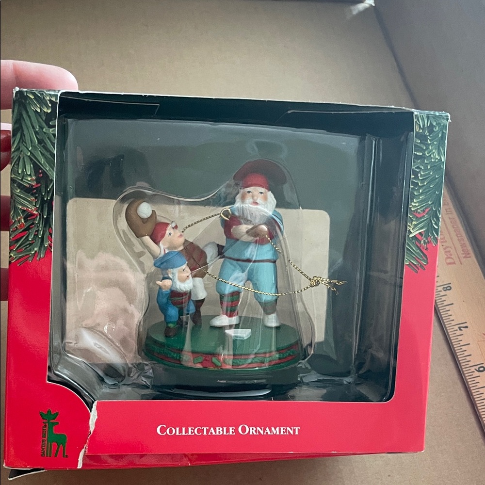 Santa’s Best Collectible ornament Santa and Elves playing baseball